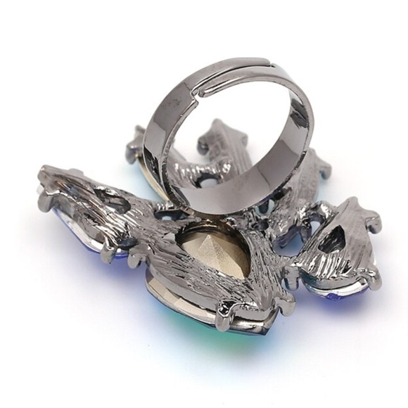 Stunning Aqua and Royal Blue Large rhinestone statement ring adjustable - Picture 4 of 6